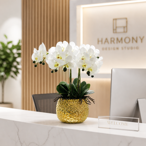 Elegant Gold Ceramic Vase with Artificial White Orchid Design, Glossy Finish, 17x42cm, Premium Home Decor Accent