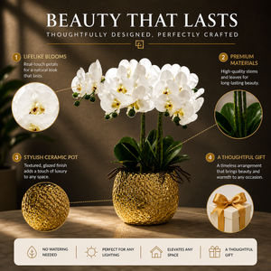 Elegant Gold Ceramic Vase with Artificial White Orchid Design, Glossy Finish, 17x42cm, Premium Home Decor Accent
