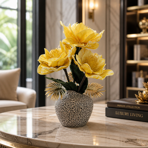 Tall Brown Ceramic Vase with Yellow Artificial Floral Arrangement, Modern Rustic Home Decor, 17x42cm
