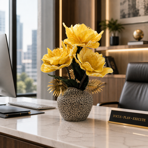 Tall Brown Ceramic Vase with Yellow Artificial Floral Arrangement, Modern Rustic Home Decor, 17x42cm