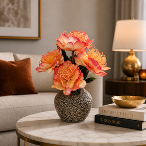 Elegant Brown Ceramic Vase with Red Artificial Floral Accent, Modern Minimalist Home Decor, 17x42cm