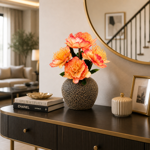 Elegant Brown Ceramic Vase with Red Artificial Floral Accent, Modern Minimalist Home Decor, 17x42cm