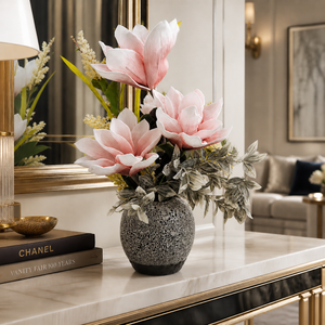 Gray Ceramic Planter with Pink and White Artificial Flowers, Modern Floral Home Decor, 17x42cm