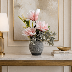 Gray Ceramic Planter with Pink and White Artificial Flowers, Modern Floral Home Decor, 17x42cm