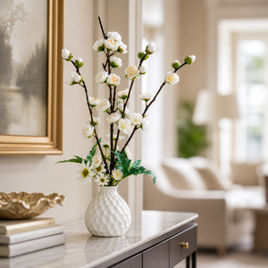 Elegant White Ceramic Pot with White Artificial Orchid Sticks, Minimalist Modern Home Decor, 14x50cm