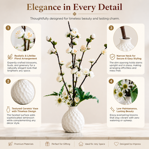 Elegant White Ceramic Pot with White Artificial Orchid Sticks, Minimalist Modern Home Decor, 14x50cm
