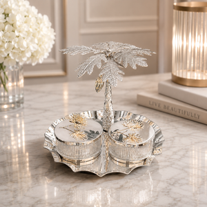 Silver Tree Metal Serving Tray with 2 Glass Bowls and Lids – Decorative Silver Finish, 24x24x21.5 cm