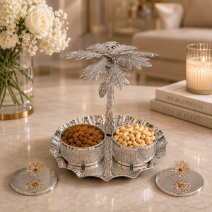 Silver Tree Metal Serving Tray with 2 Glass Bowls and Lids – Decorative Silver Finish, 24x24x21.5 cm