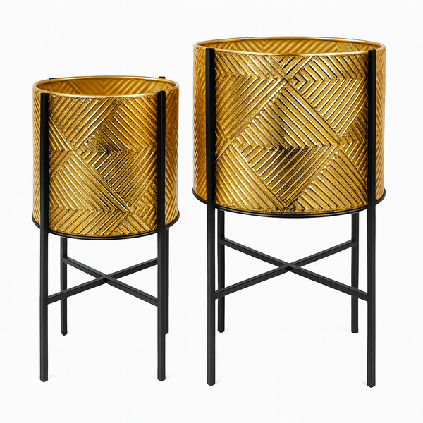 Rustic Golden Planters, Textured Foil Surface, Metal Plant Pots Pair with Black Stand, Unique Indoor Decor Gifts-Sona Casa