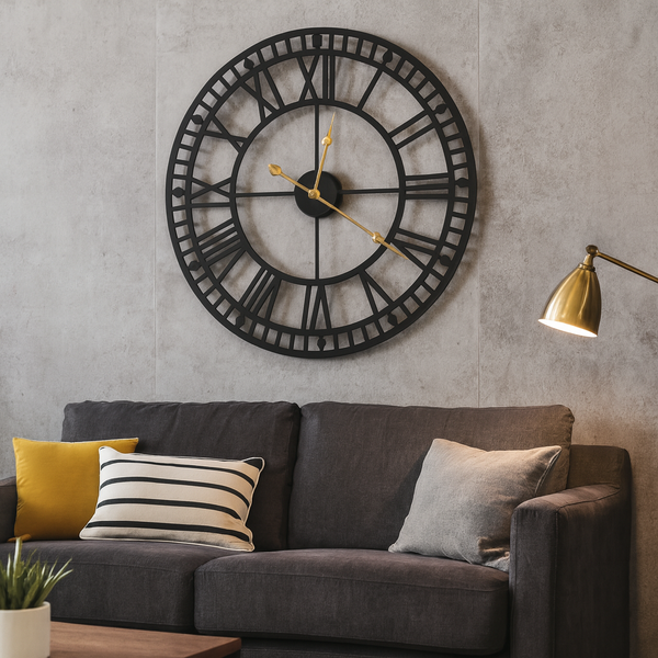 Oversized Round Metal Wall Clock, Large 32" Black Roman Numeral Silent Non Chime Clock, Home Office Decor-Sona Casa