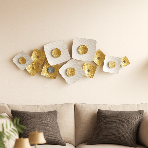 Large White and Gold Metal Wall Sculpture, Modern Geometric Horizontal Wall Art, 126×53 cm Home Office Decor-Sona Casa
