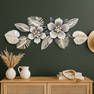 Large 60 Inch wide 3D Metal Flower Wall Art Sculpture with Silver & Gray Leaves, Textured Modern Botanical Decor for Living Room or Bedroom-Sona Casa