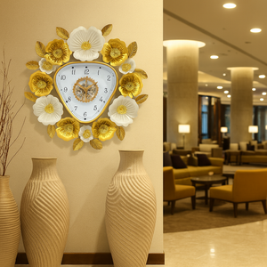 Gold and White Floral Designer Wall Clock, Large Modern Metal Art, Geometrical Triangle Clock for Home Living Room Decor-Sona Casa
