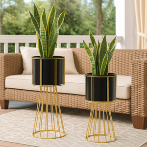Contemporary Black & Gold Metal Planter Pair, Set of 2 Tall Indoor Plant Stands for Home Decor-Sona Casa