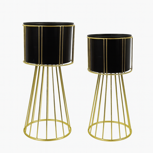 Contemporary Black & Gold Metal Planter Pair, Set of 2 Tall Indoor Plant Stands for Home Decor-Sona Casa