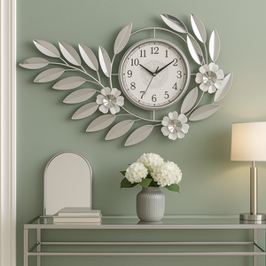 Large Silver Metal Wall Clock, Modern Floral Quartz Decor for Living Room & Home, Analog Decorative Clock-Sona Casa