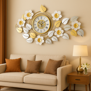 Large Elegant Wall Clock with Quartz Movement, Gold White Silver Floral Design, Modern Decorative Home Accent Clock-Sona Casa