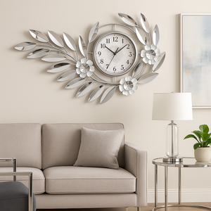 Large 48 Inch Silver Floral Metal Wall Clock, Modern Analog Quartz Timepiece for Living Room & Home Decor-Sona Casa