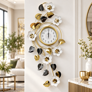 Large 48 Inch Floral Wall Clock in Gold White Silver Finish, Modern Quartz Movement, Decorative Horizontal & Vertical Home Accent-Sona Casa