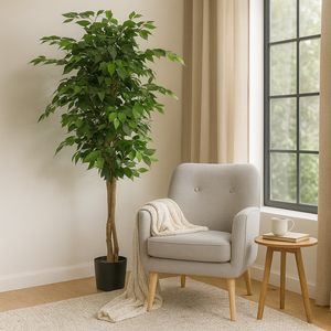 Artificial Ficus Tree, Lifelike Leaves Trunk 6 ft Tall Fake Ficus Leaves Plant with Black Cement Base for Indoor Decor-Sona Casa