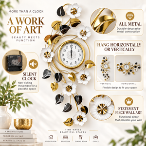 Large 48 Inch Floral Wall Clock in Gold White Silver Finish, Modern Quartz Movement, Decorative Horizontal & Vertical Home Accent-Sona Casa