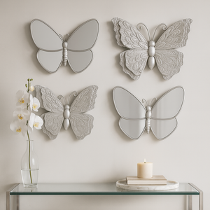 4 Piece Silver Butterfly Wall Decor Set, 3D Wall Sculpture & Mirrored Accents, Modern Glam Home Decor for Bedroom, Living Room, Nursery-Sona Casa