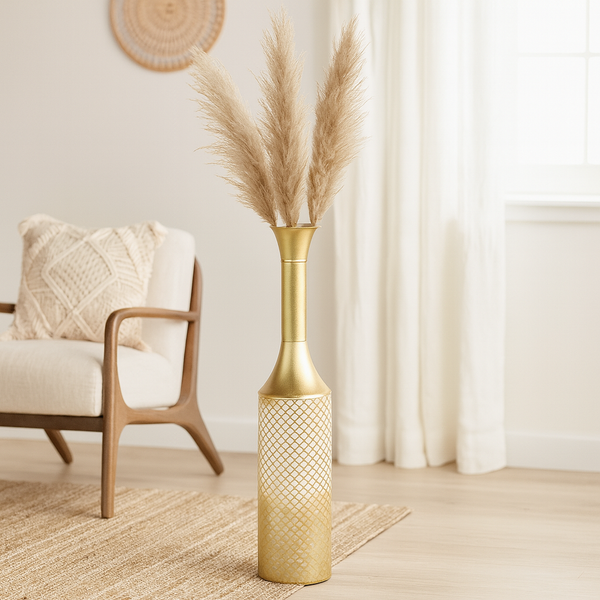 Modern Tall Floor Vase, Handmade Indoor Decor Metal 41" Gold Beige White by Sona Casa