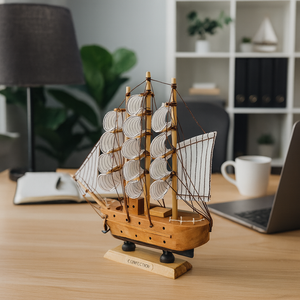 Brown Wooden Sailboat Model With Realistic Cloth Sails - Nautical Marine-Inspired Home Decor - Accent Collection