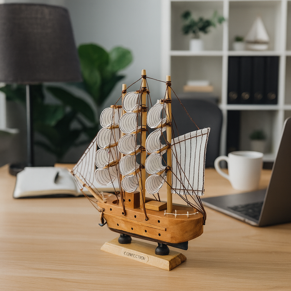 Brown Wooden Sailboat Model With Realistic Cloth Sails - Nautical Marine-Inspired Home Decor