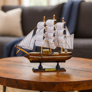 Brown Wooden Sailboat Model With Realistic Cloth Sails - Nautical Marine-Inspired Home Decor - Accent Collection