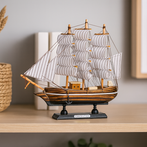Brown Wooden Sailboat Model With Realistic Cloth Sails - Nautical Marine-Inspired Home Decor - Accent Collection