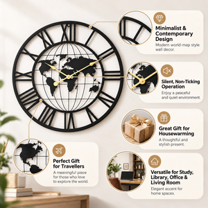Round Metal Wall Clock, Black Embedded World Map, 24" Silent Roman Numeral Decorative Clock, Home Office Decor-Sona Casa
