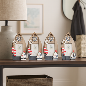 Small Boat Shaped Wooden Photo Holder Pack of 4, 7 inch Decorative Picture Frames by Sona Casa