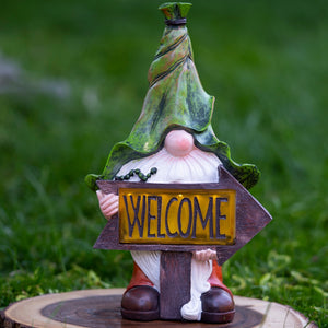 Green Leaf Hat Gnome Solar LED Light Statue, Funny Polyresin Garden Decor for Outdoor Spaces by Sona Casa