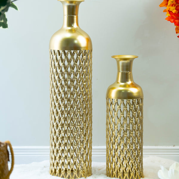 2 Pc Set of Metal Floor Vases, Mesh Design, Golden by Accent Collection