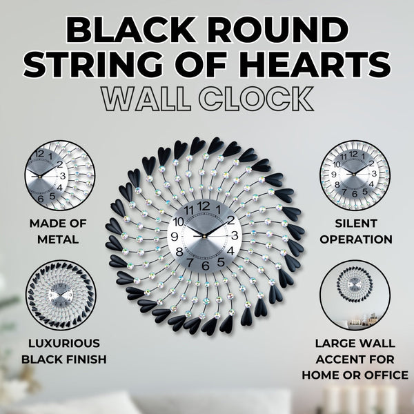 Large Luxury Black Metal Wall Clock With Silver Face & Crystal Hearts, 60cm Silent, Decorative For Living Room Or Office by Accent Collection