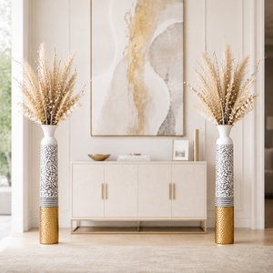 Set of 2 Tall White and Silver Round Metal Vases for Modern Home Decor, 14x14x106.7 cm - Accent Collection