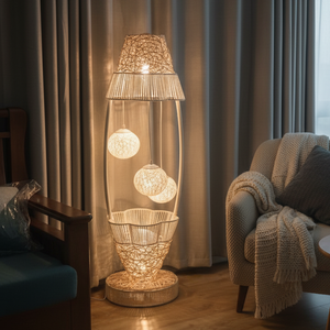 Tall LED Floor Lamp with Off White Cane Balls, Handmade Modern Decorative Accent, Ambient 4 LED Bulbs, Home Decor-Sona Casa