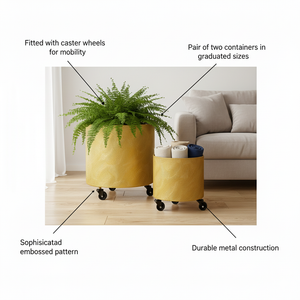 Gold Metal Foil Planters Set with Wheels and Drain Plug, Indoor Pot for Fresh or Faux Plants Home Decor Gift-Sona Casa