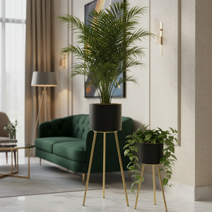 Modern Black Metal Plant Pot, Set of 2 Planters, Gold Tripod Stand, Indoor Outdoor Gift Decor for Home or Office-Sona Casa