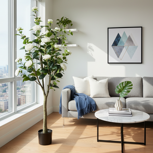 Faux Camellia Tree, 5 ft Tall Faux White Camellia Tree Plant in Cement Base, Indoor Decor for Home or Office, Housewarming Gift-Sona Casa