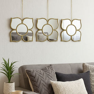 Golden Floral Wall Mirror Set with Hanging Chain, Traditional Modern Diwali Decor Gift, 25 cm Mirrors Pooja Room Decor-Sona Casa