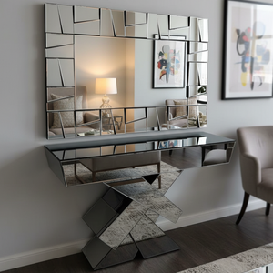 Large Silver Mirror Glass Console, Luxury Contemporary Decor for Entryway, Living Room & Office-Sona Casa