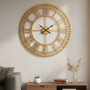 Large 32 Inch Gold Metal Wall Clock, Oversized Farmhouse & Cottage Style Decor, Roman Numeral Decorative Clock, Home Decor, Gift-Sona Casa