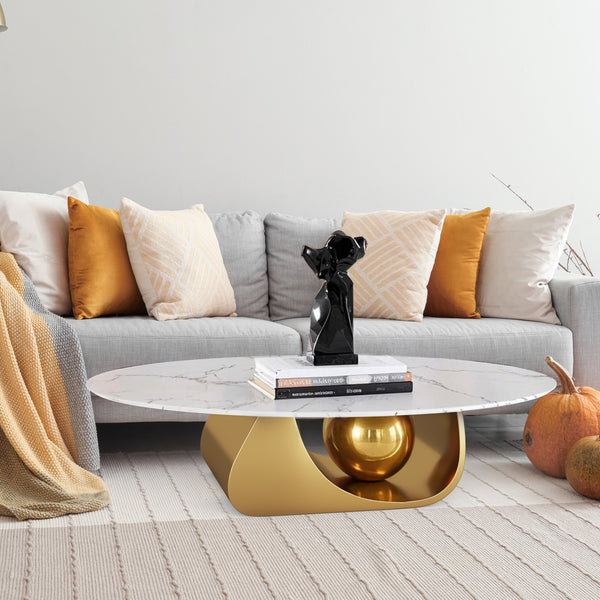 Designer Oval Coffee Table 47" White Faux Marble Top, Golden Metal Ball Base, Centerpiece