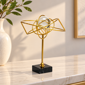Gold Metal Orbit Sculpture with Crystal Ball – 10-Inch Décor
