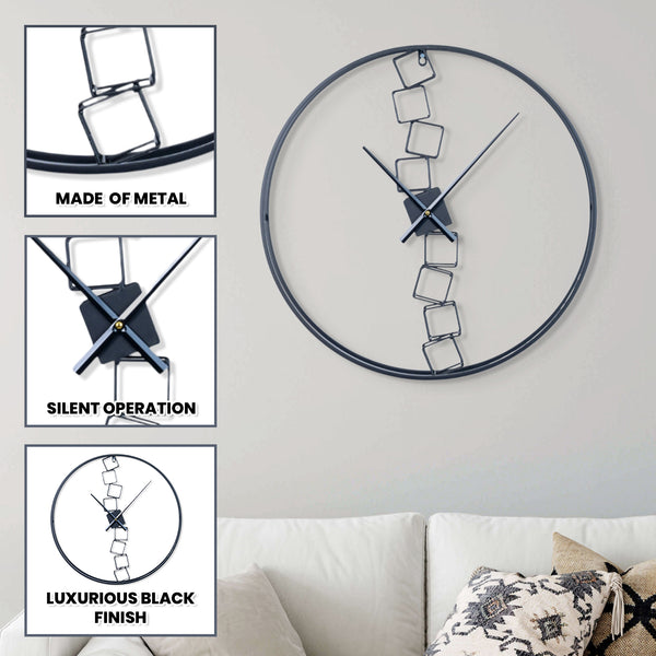 Black Metal Wall Clock, 24" Silent Abstract, Modern Living Room Decor