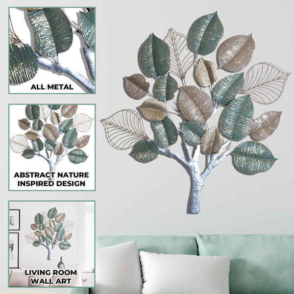 Tropical Metal Tree Artwork, 42" Leaf Wall Decor For Master Bedroom