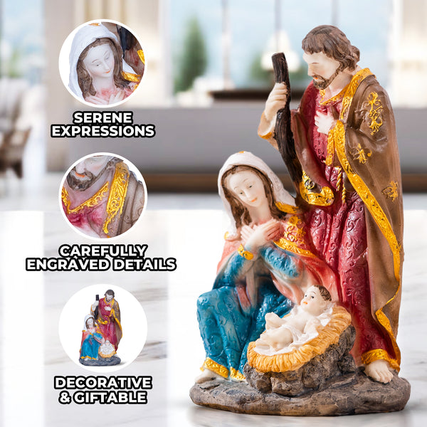 Holy Family Nativity Set, 8" Handcrafted Joseph, Mary & Jesus Statue