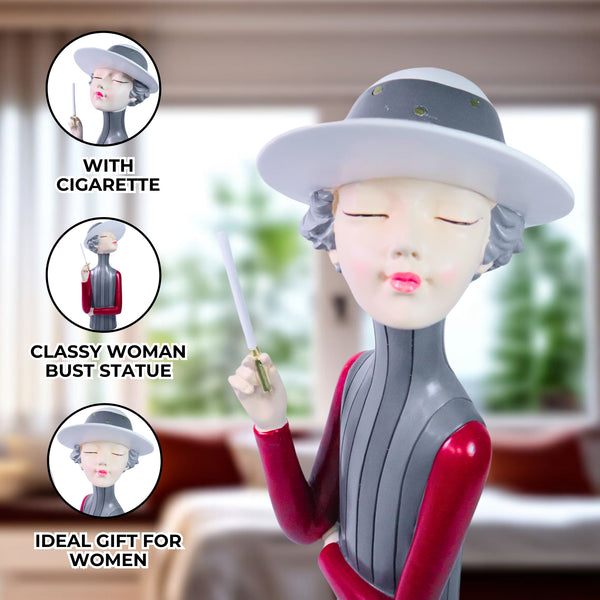 Woman Bust Statue with Hat and Cigarette, Classy Decorative Statue for Bedroom, Dresser, Vanity Table, Coffee Table Centerpiece Ladies Gift 13 inch 33 cm